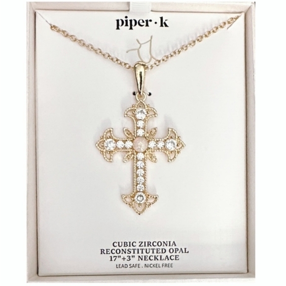 🤍🔹️Piper K 🔹️ Gold Cross Reconstituted Opal and Cubic Zirconia 17" Necklace - Picture 1 of 6
